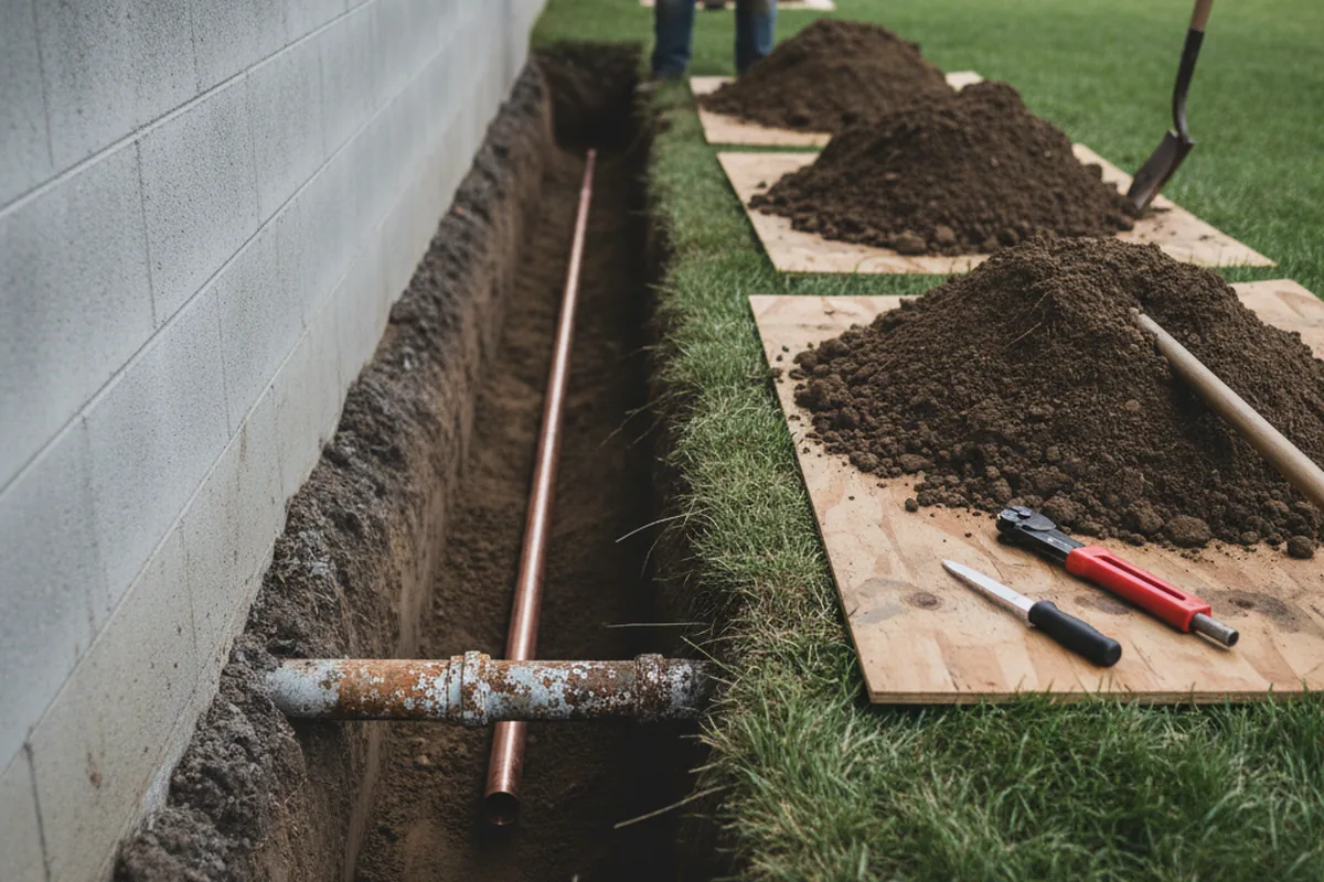Excavated water line trench during Water Heater Repair in Manassas